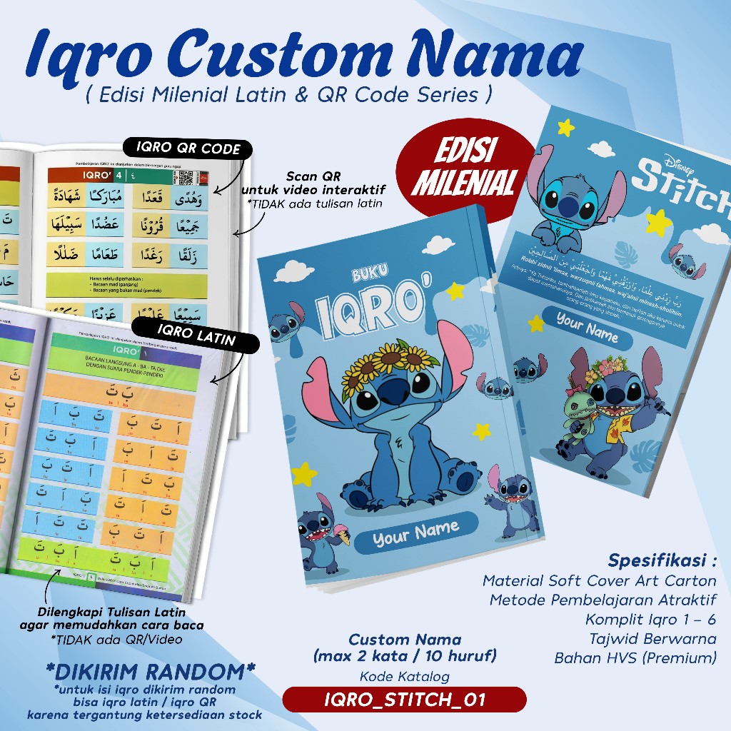 IQRO MILLENNIAL CHILDREN CUSTOM NAME / IQRO MILLENNIAL BOOK CHARACTER DESIGN STITCH TAJWID สี SOFTCO