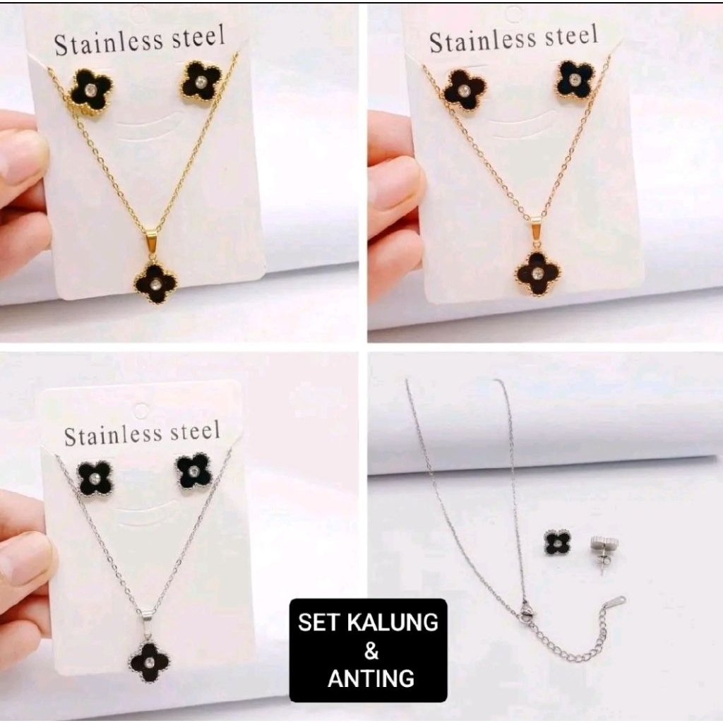 OWNER-SET020 สร้อยคอและต่างหูเครื่องประดับสตรี 1 ชุดพร้อมลายพลอย CLVR สไตล์เกาหลี ป้องกันการซีดจาง