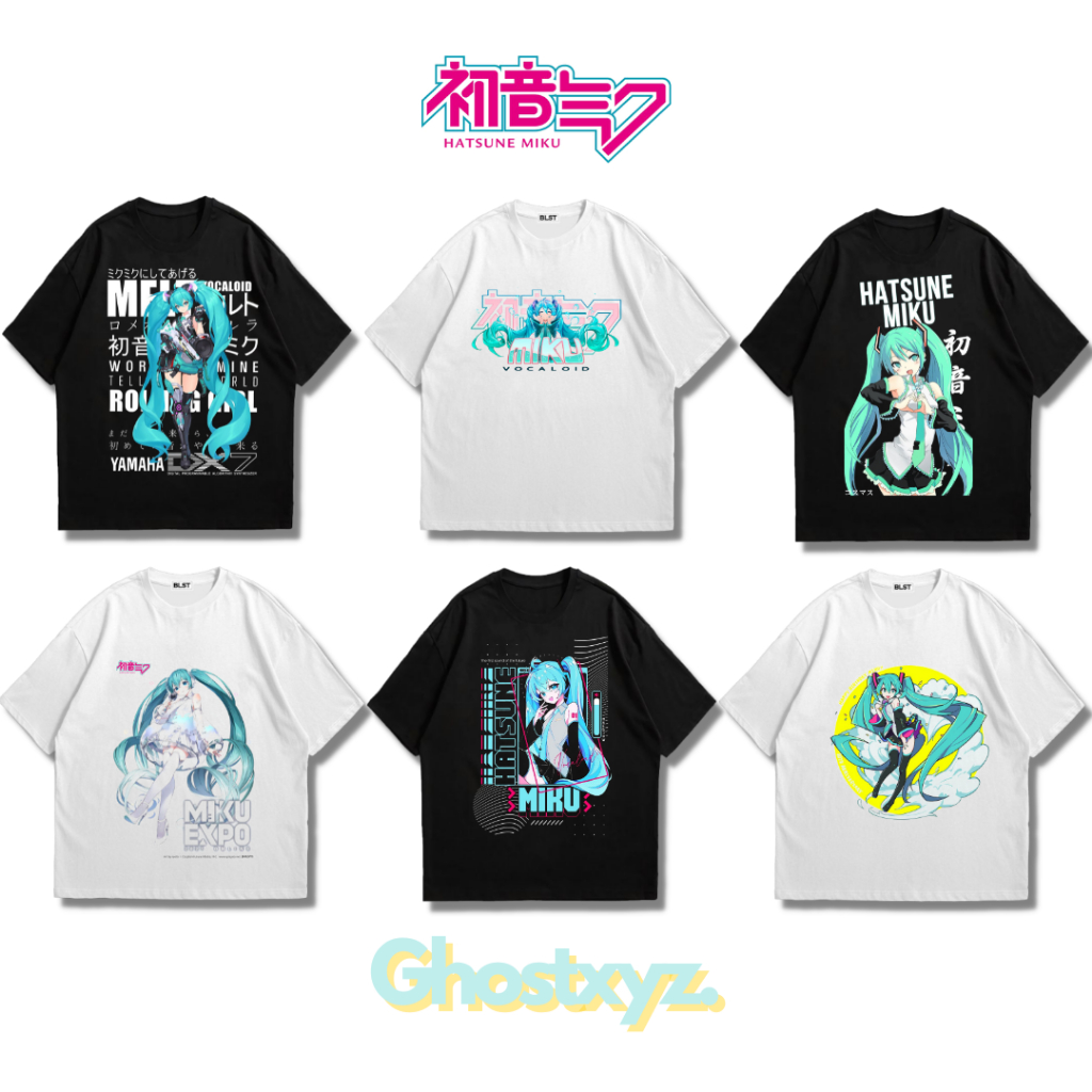 Ghostxyz เสื้อยืด Hatsune Miku สีดํา Oversize Vintage Tee Shirt