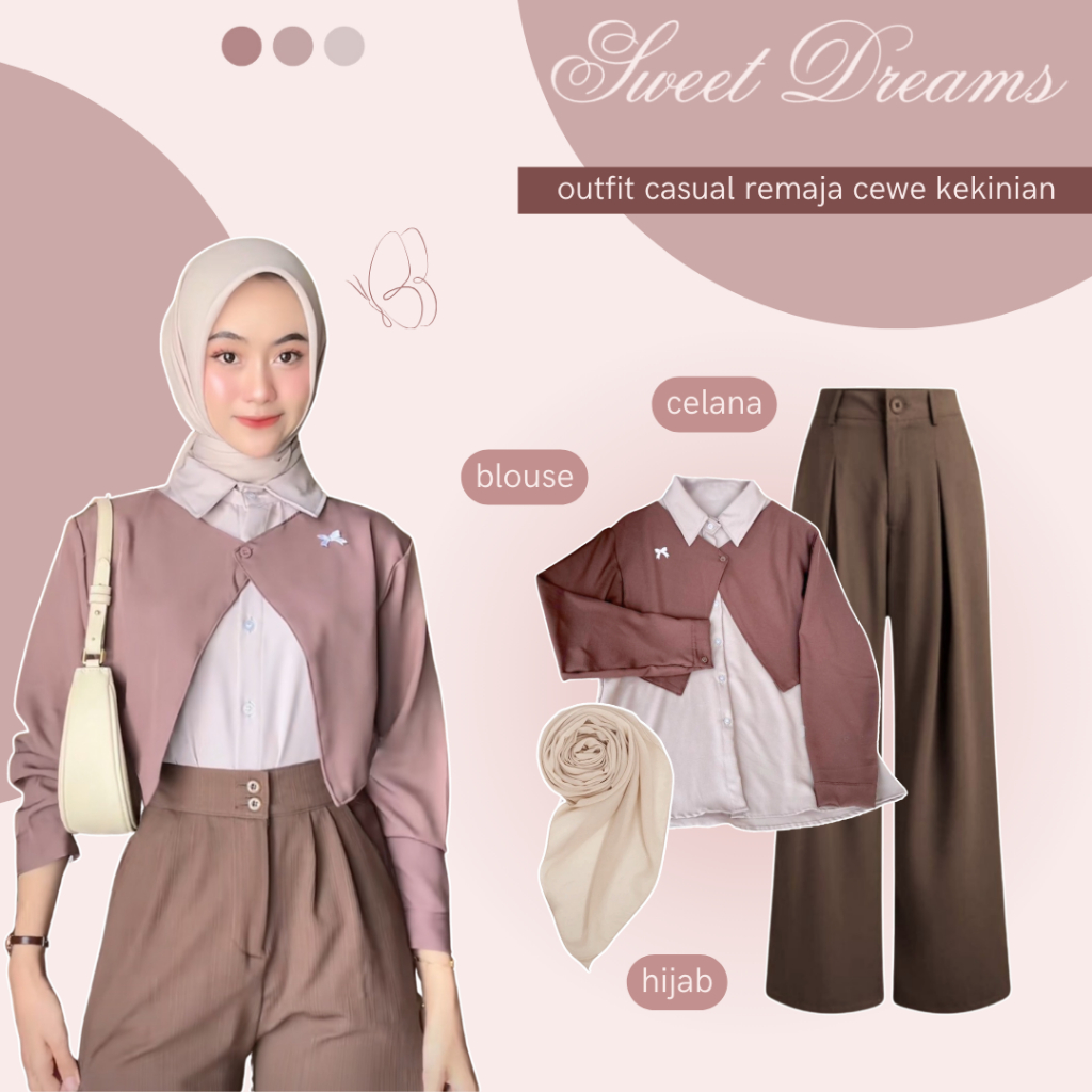 KEMEJA One Set Womens Modern 3-in-1 | เสื้อลิซ่า + Culottes + Bella Hijab | ชุดวัยรุ่น - AM130N