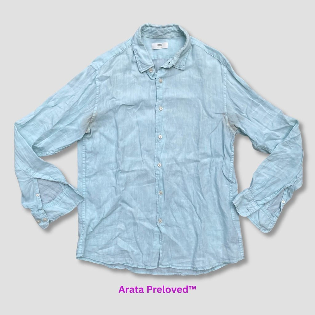 KEMEJA Uniqlo เสื้อเชิ้ตผ้าลินินออริจินัลแขนยาวผู้หญิงสีน้ําเงิน