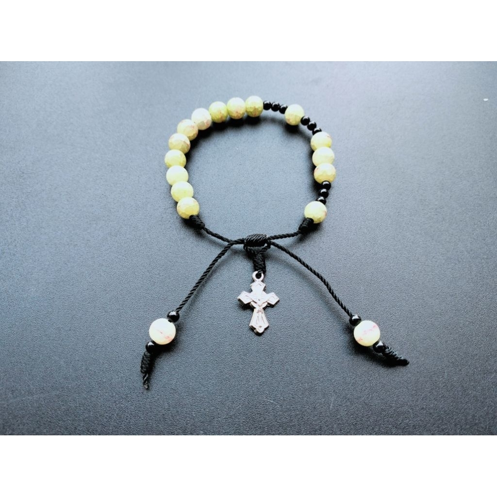 G449 CATHOLIC HEAVY JADE GLASS CRYSTAL PEARL ROSARY BRACELET