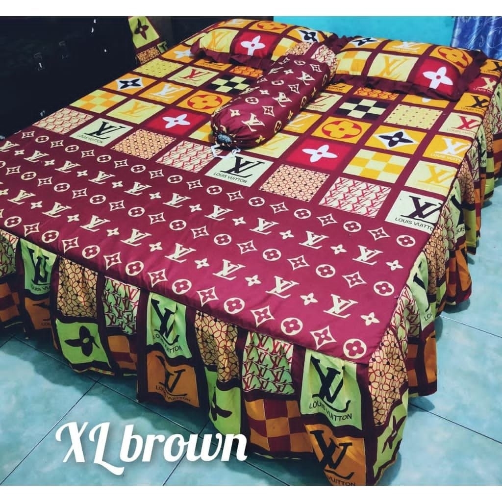 ชุดผ้าปูที่นอนลายพู่พรีเมี่ยม 160/180/200 Queen King Motif LV Louis Luis Vuitton สีน้ําตาล