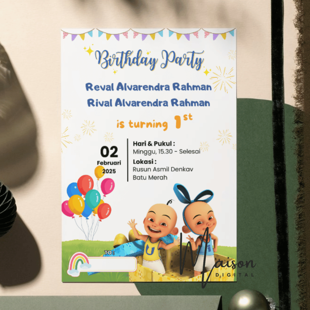 คําเชิญวันเกิด Upin Ipin + พลาสติก OPP - คําเชิญวันเกิด Upin Ipin - คําเชิญวันเกิดคู่