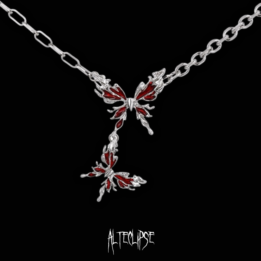 MERAH Alteclipse Bloody Butterfly Twin Wings Necklace – N87 Gothic Grunge Red Pendant Jewelry // Alt