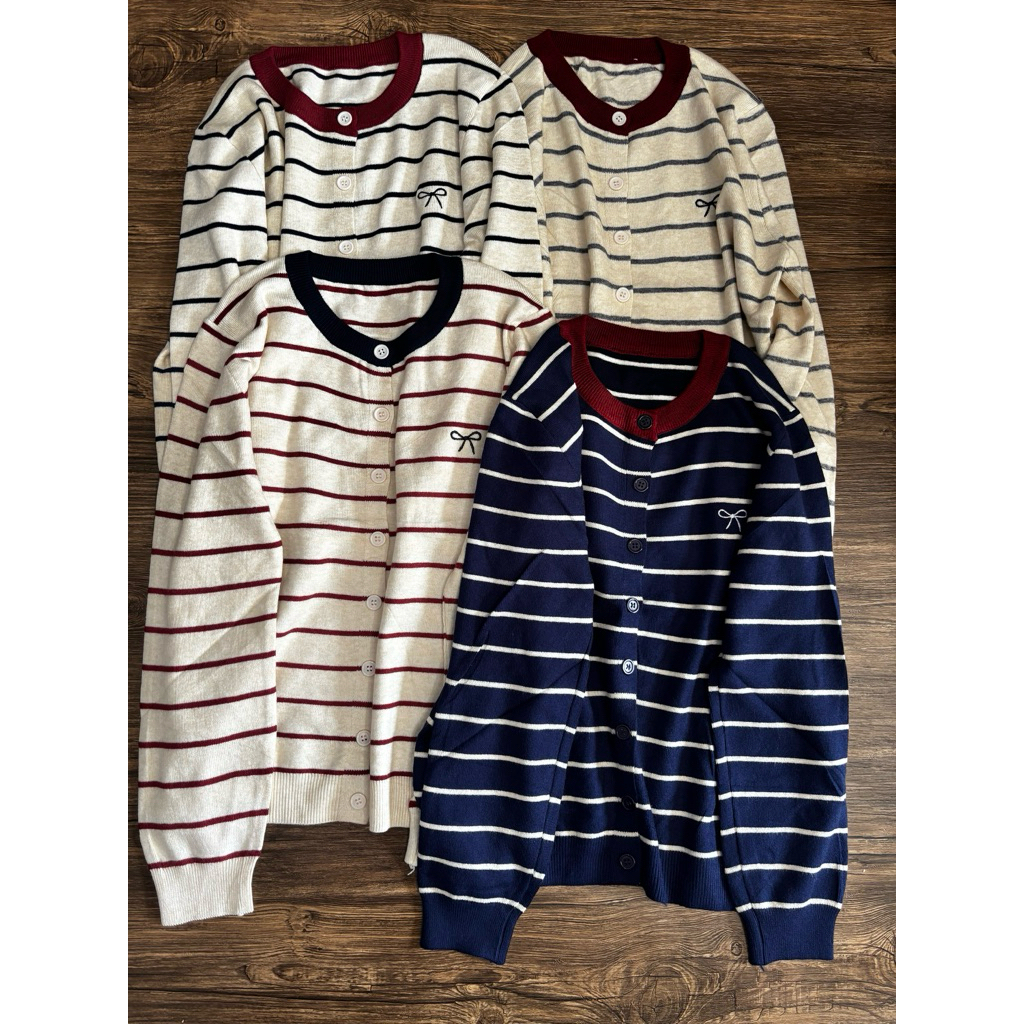 พรีเมี่ยม STRIPE CARDIGAN RIBBON KNIT CARDIGAN