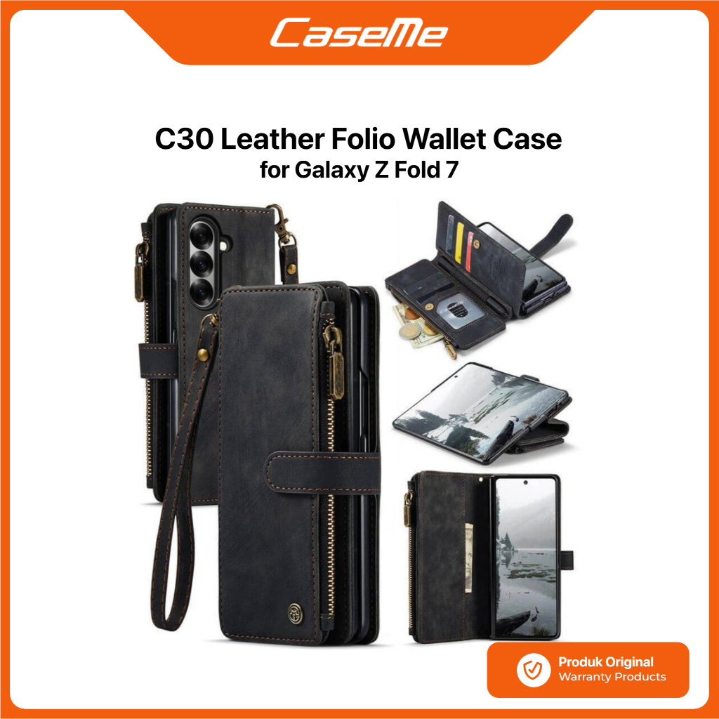 CASEME Case Samsung Galaxy Z Fold 7 Fold7 CASEME C30 Vintage Leather Folio Zipper Wallet Case with M