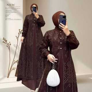 Baju Kondangan wanita Kekinian Terbaru Mahogany 2025 – Denara Dress Muslimah Modern Gamis Ceruty Babydoll Full Puring Variasi Swaroski Mewah