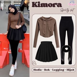 One Set Olahraga Remaja Kekinian (Hodie Crop, Celana Legging, Rok Rempel Mini, Bella Square) Setelan Sporty Lari/Padel/Tenis/Badminton/Jogging Outfit Viral Masa Kini  Casual AS6F
