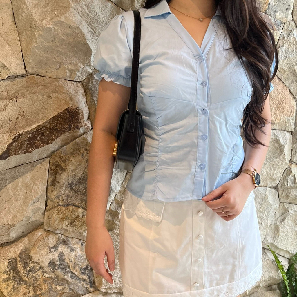 Pearl Coquette Crop Fited Ribbon Shirt สีชมพูสีฟ้าสีดําเสื้อสายรัดริบบิ้น