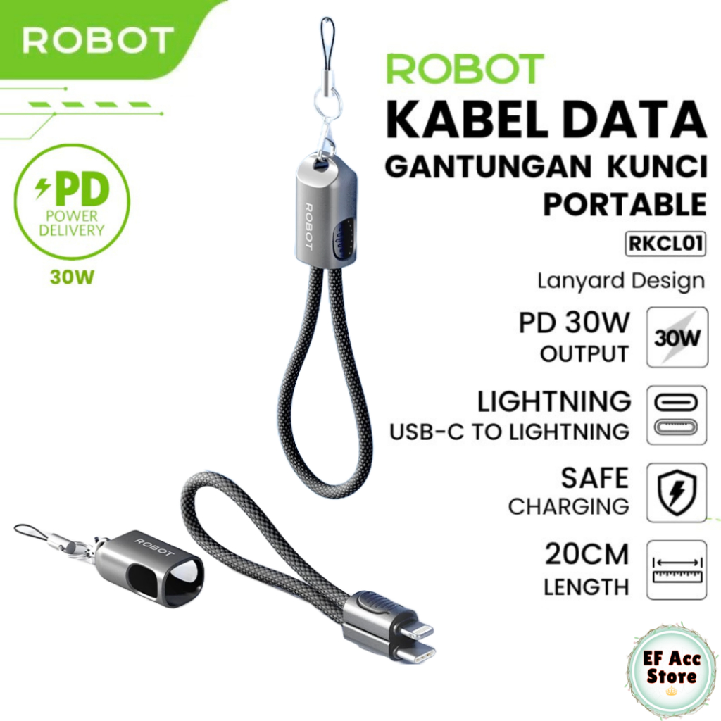 GANTUNGAN HP ROBOT RKCL01 LIGHTNING TO TYPE-C 30W FAST CHARGING LANYARD DATA CABLE 20 ซม.LENGTH SHOR