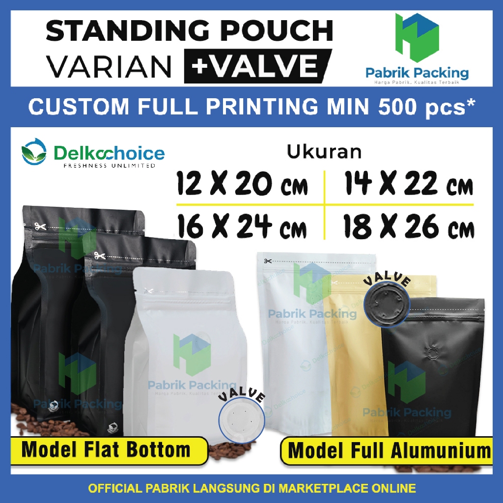 Delkochoice Ziplock Coffee Standing Pouch Packaging, Variant Single Valve