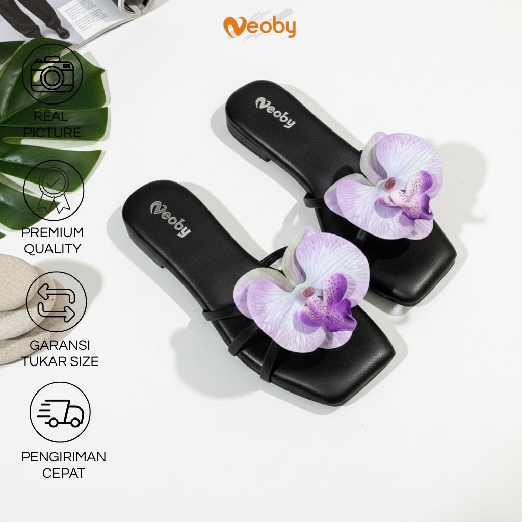 Neoby MOANA รองเท้าแตะส้นแบนผู้หญิงดอกไม้กล้วยไม้สมัยใหม่รองเท้าแตะส้นแบนสตรีสวยงาม