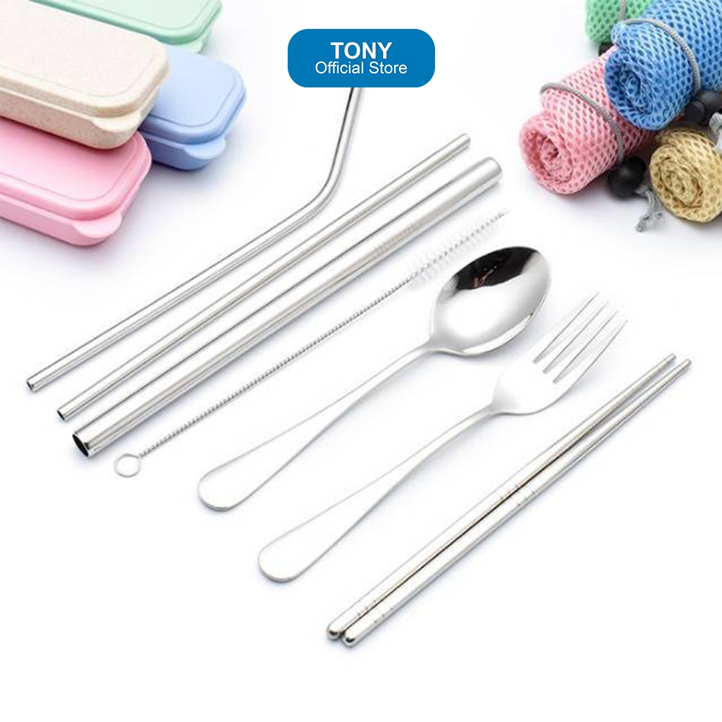 STAINLESS STEEL SPOON FORK CHOPSTICKS STRAW SS410 SET 7IN1 BOX & POUCH - กล่องครีม