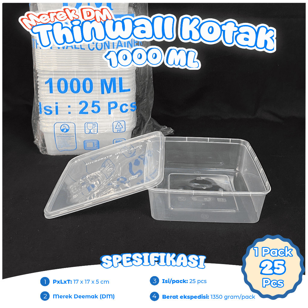 Thinwall DM Box เนื้อหา 1000 มล. 25 ชิ้น / กันแตก / Thinwall DeMak / สี่เหลี่ยม / SQ