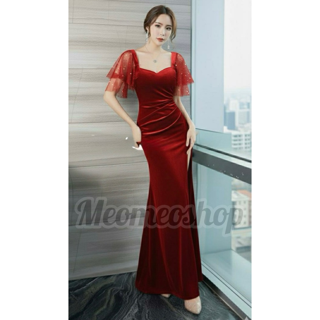 Bailu velvet luxury party Dress พร้อมกระเบื้องมุก