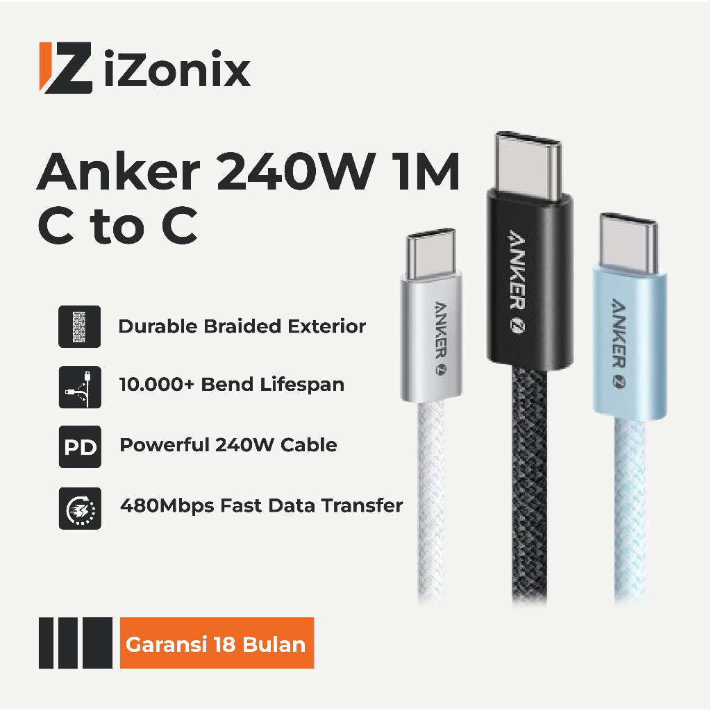 Izonix x Anker Zolo USB-C to C Data Cable 240W – Fast Charging PD 3.1, PPS, Nylon Braided, Slim Conn