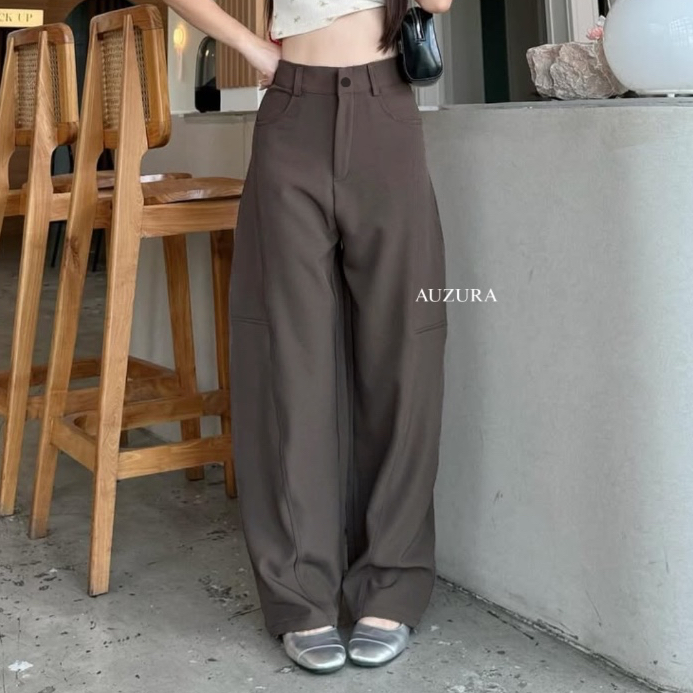 Auzura - Barrel Pants [UNISEX] กางเกงขายาวพรีเมี่ยมเอวหลังยืดหยุ่น, วัสดุ Woolblend