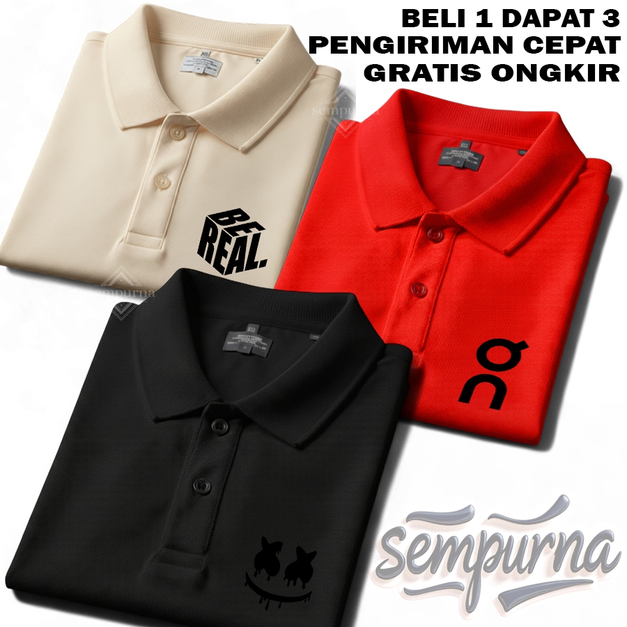 ซื้อ 1 แถม 3 BEEREAL เสื้อโปโลคอปกเย็น Unisex |SMILE SMILE SMILE SMILE SMILE |คุณ สีดําแขนสั้นนุ่ม แ