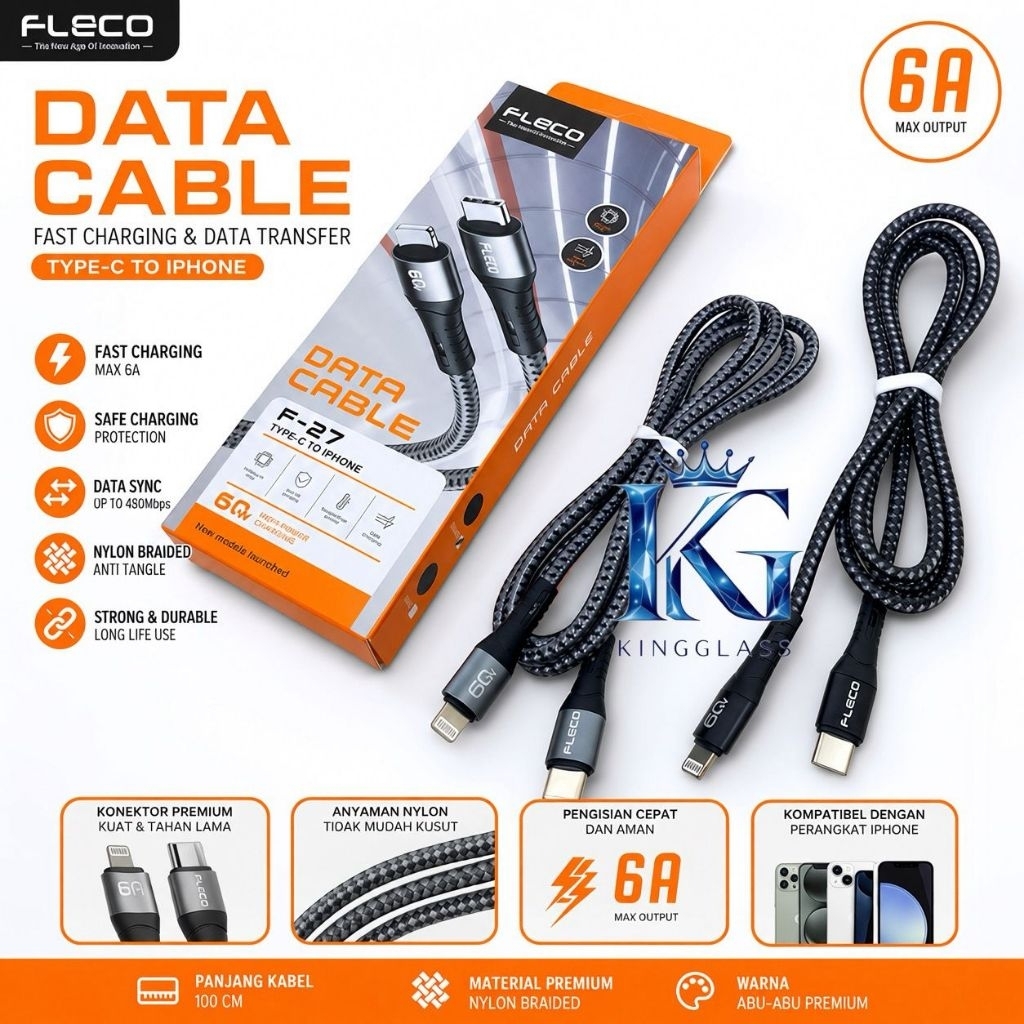 Fleco F27 C to Lightning Data Cable Fleco 6A Usb c to Iphone Charger Cable