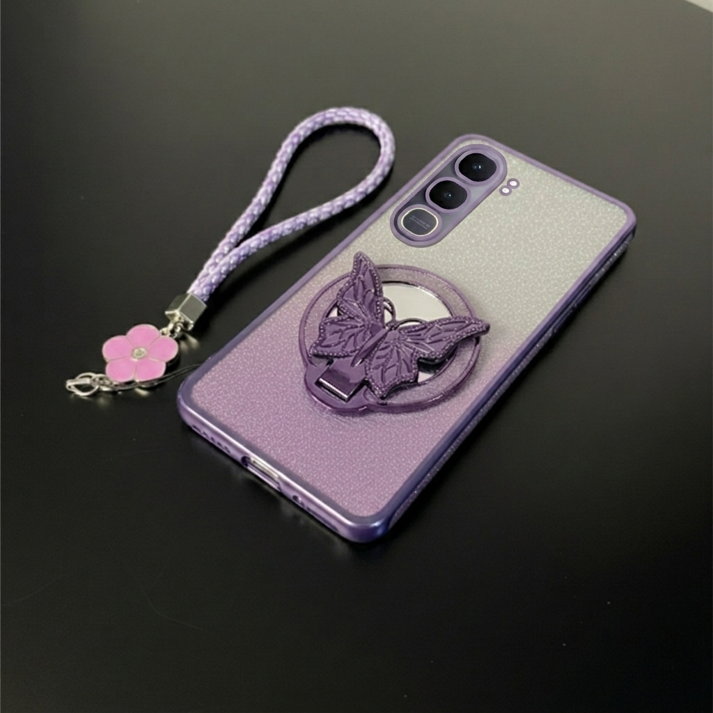 Vivo Y21D Y31D Y31D Pro Luxury Glitter แหวนกระจกผีเสื้อฟรีเชือกเส้นเล็กดอกไม้