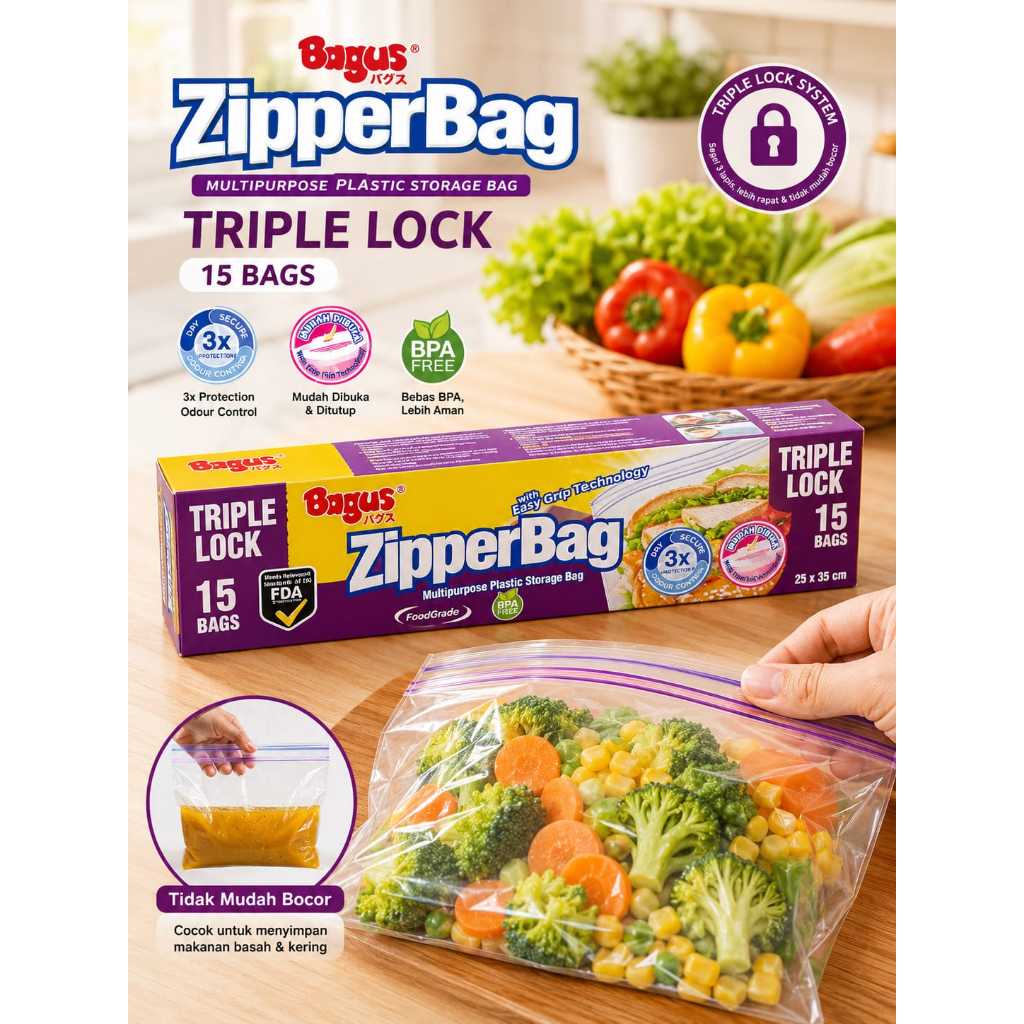 ถุงพลาสติกใส่อาหาร ZIPPER ZIPLOCK ผลไม้อุปกรณ์เสริมอเนกประสงค์ 25X35 ซม. 15 ชิ้น GOOD W-21453