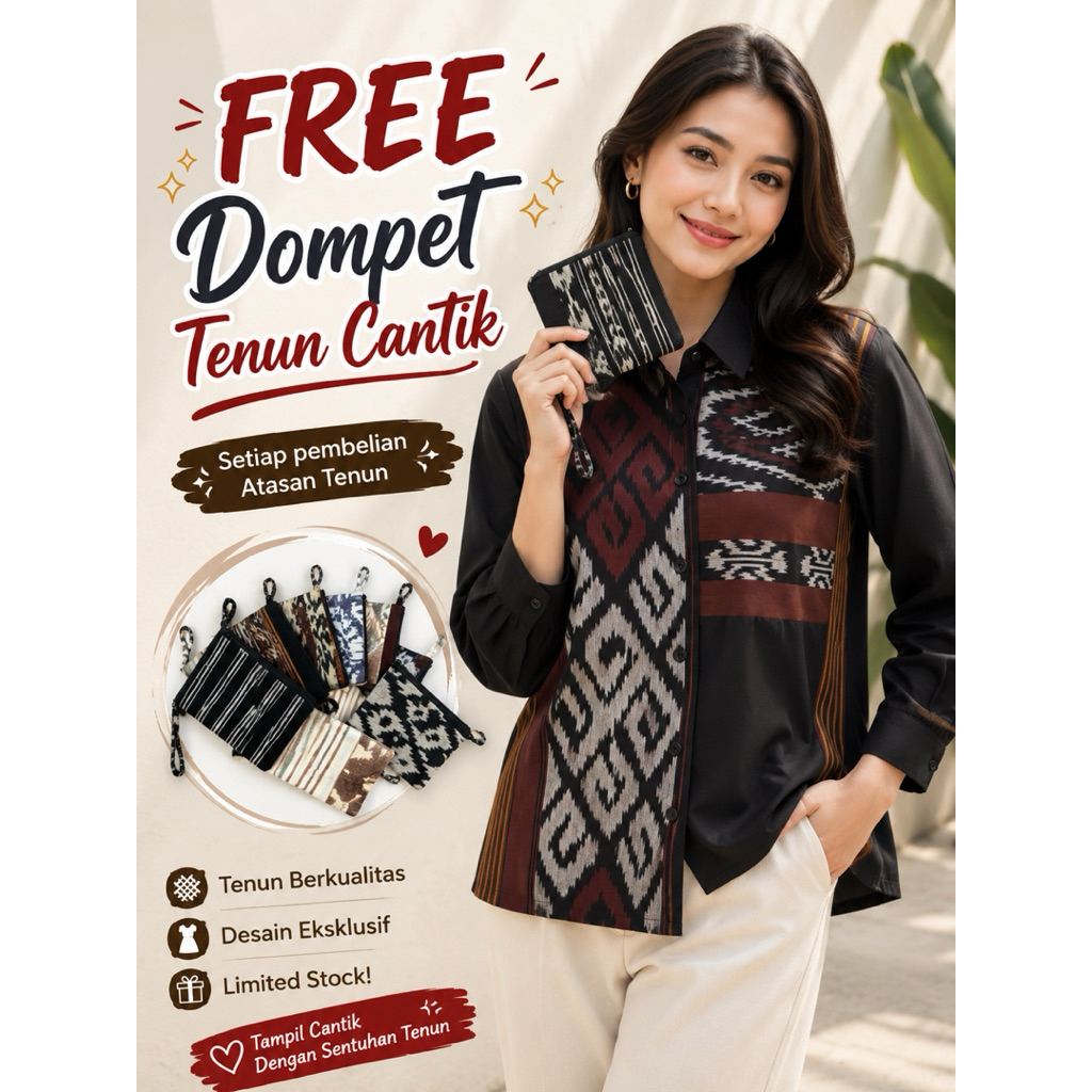 KEMEJA WOMENS WOVEN SHIRT TOP (ฟรี WOVEN WALLET) - BONUS BEAUTIFUL WOVEN WALLET
