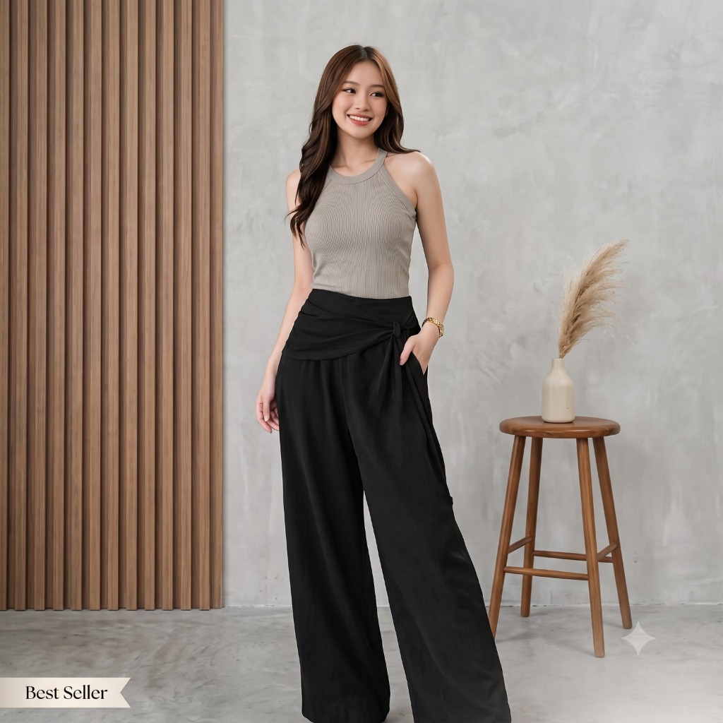 AGHNINI Poshie กางเกงผู้หญิงเอวสูง Culottes กางเกง Semiwool พรีเมี่ยมหลวม Fit Office Wear
