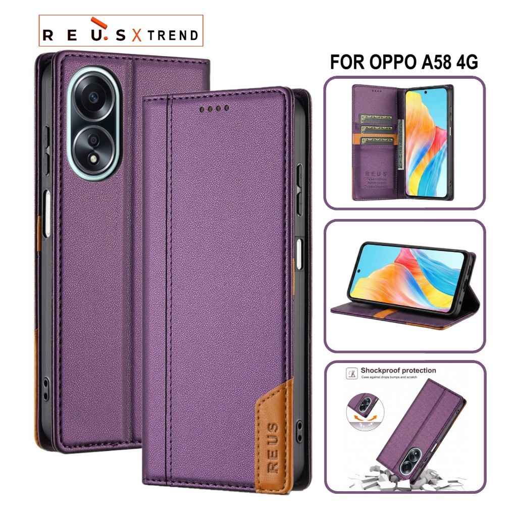 REUS เคสหนัง Oppo A58 4g Flip Cover Wallet Card Slot Luxury Premium เคสกันกระแทก