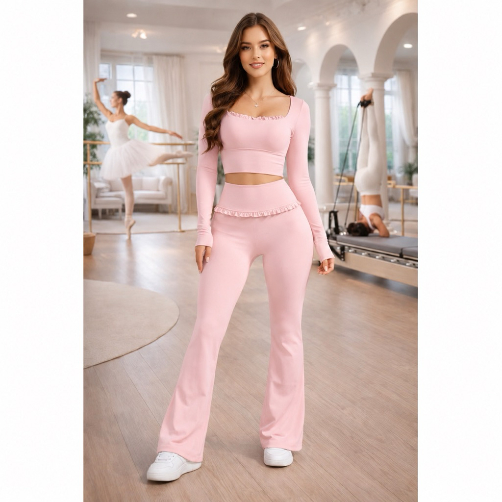 [ใหม่!] Premium SET Pilates Gym Yoga Barre Ruffled Pilates Matching Flared Leggings + Top | ชุดกีฬา