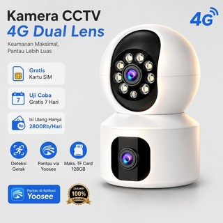 Kamera CCTV 4G Dual Lens Indoor PTZ Yoosee Tanpa WiFi Auto Tracking Night Vision Deteksi Gerak TF Card 128GB Gratis Kartu SIM