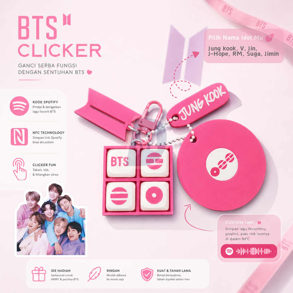 BTS Clicker Spotify NFC Keychain - Custom BTS Member Name Keychain with Spotify Code & NFC - Dimensi