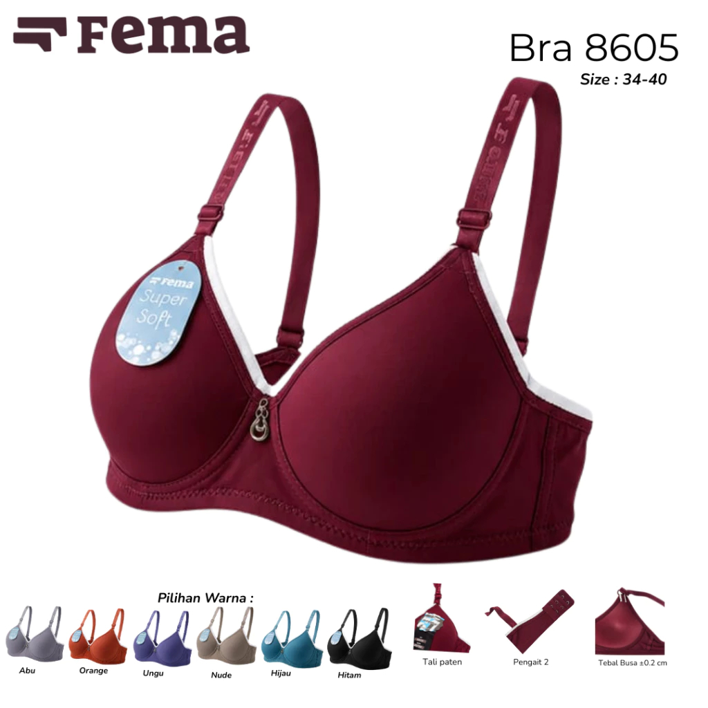 FEMA เสื้อชั้นในผู้หญิง 2 ตะขอคัพ A วัสดุนุ่มเท่ ขนาด 34-40 - 8605