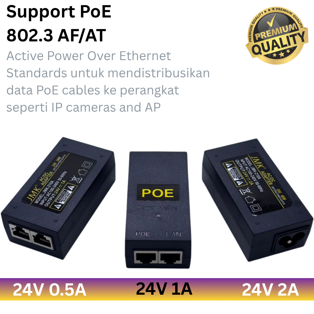 POE Power Adapter 24V 0.5A / 24V 1A / 24V 2A Stable & Efficient Power Supply อินพุตกว้าง 100–240V
