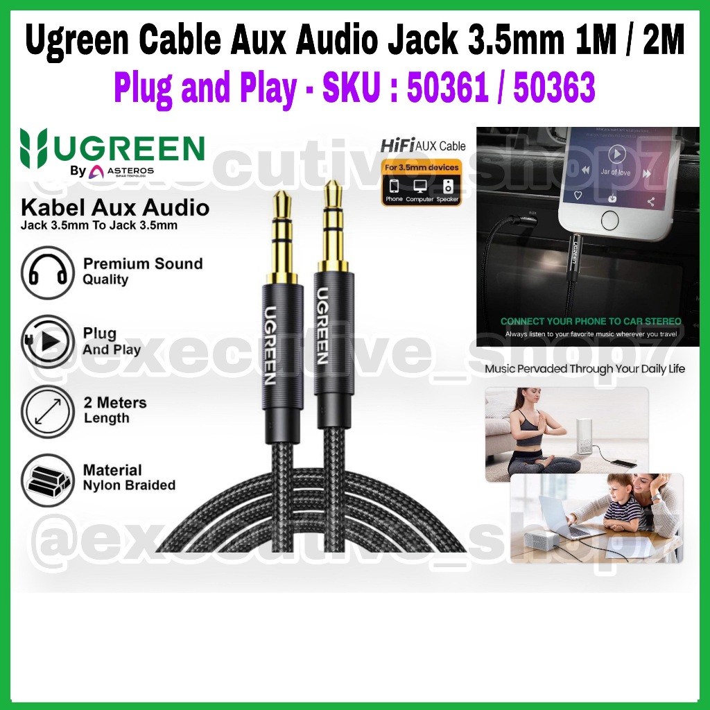Ugreen Cable Aux Audio Jack 3.5mm 1M / 2M - Plug and Play - SKU: 50361/50363