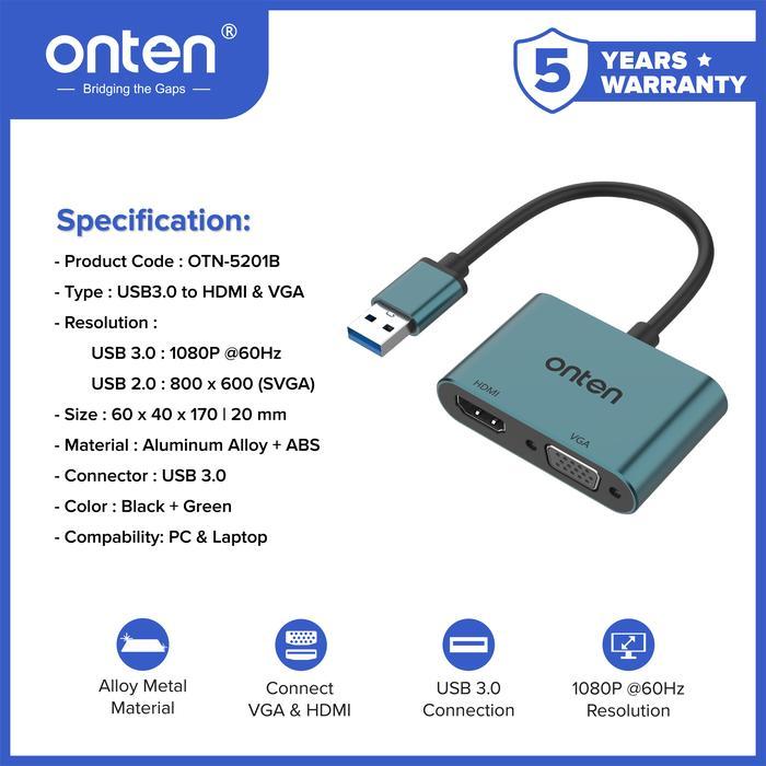 Onten OTN-5201B USB3.0 Converter HUB 2 in 1 ถึง HDM+VGA Dual Port Audio