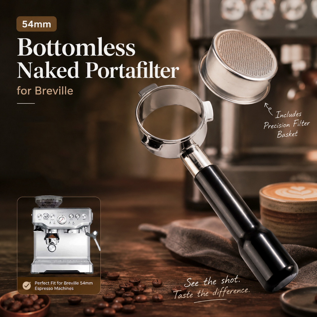 One Two Cups Bottomless Naked Portafilter Stainless 54mm for Breville - FR4 - สีดํา