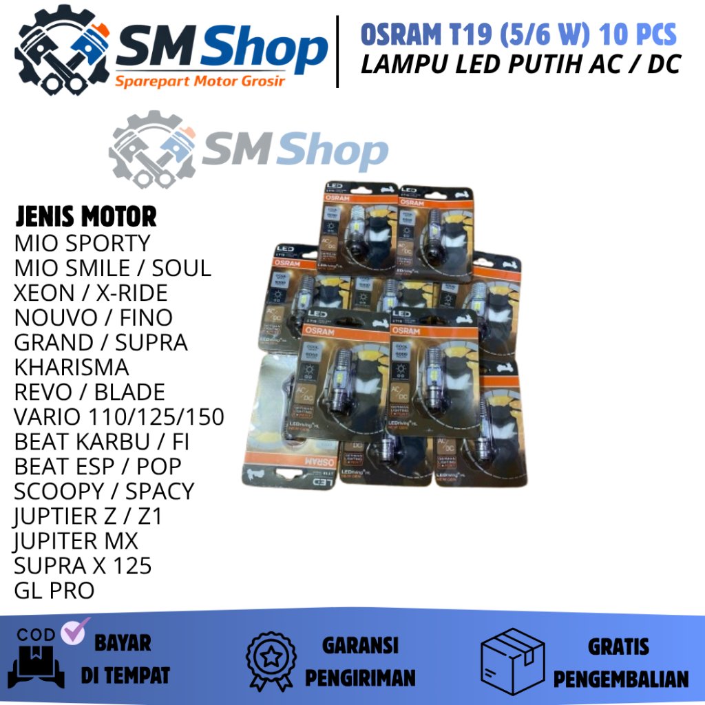 (10 ชิ้น) OSRAM ไฟ LED สีขาว 6000 KELVIN T19 M5 H6 K1 / ไฟ LED MIO BEAT VARIO SUPRA GRAND JUPITER