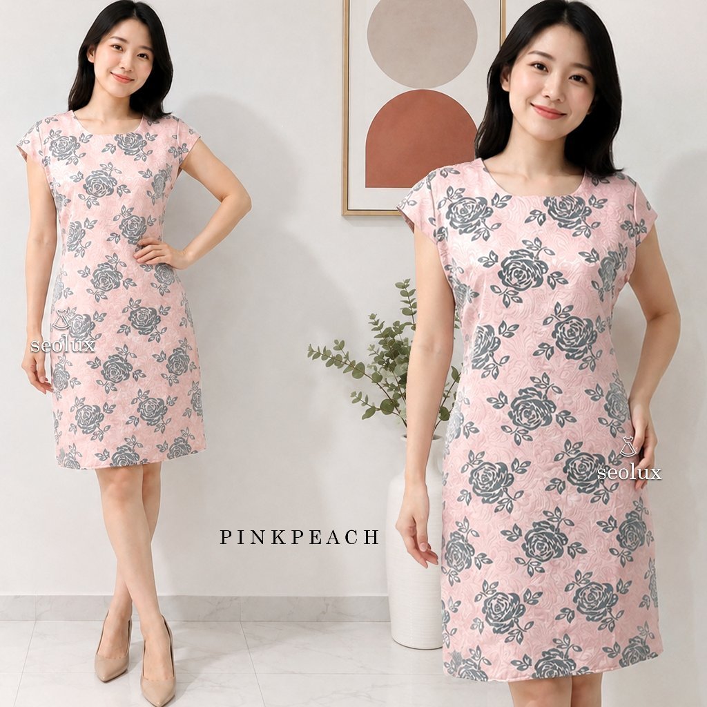 SEOLUX - SL513 - เดรสผู้หญิงสไตล์เกาหลีลายนูนลายดอกไม้ Elegant Casual Midi Dress