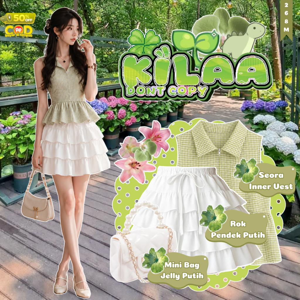 Matcha Garden Set Bundle 3in1 อินเทรนด์ผู้หญิงสไตล์เกาหลี - (เสื้อกั๊กด้านใน + กระโปรงสั้นสีขาว + Je