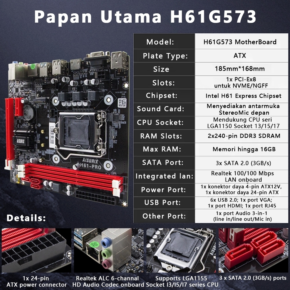 MOTHERBOARD H61 INTEL LGA 1155 รองรับต้นฉบับ CORE I7 I5 I3