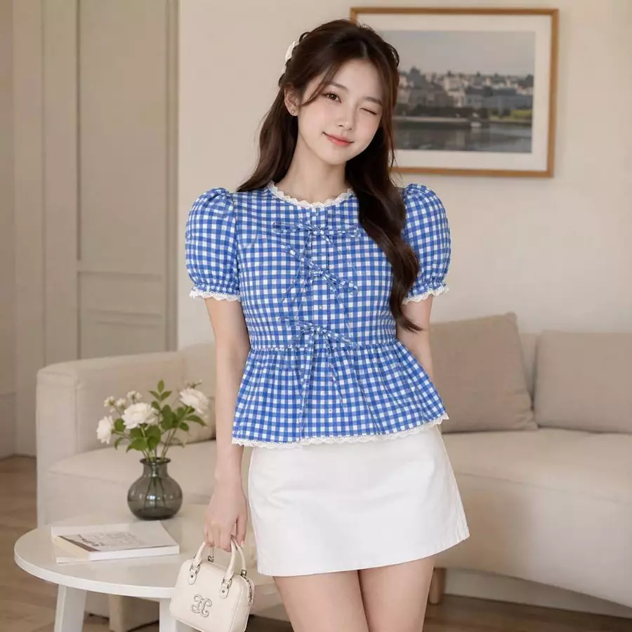 Tq88indonesia Womens Casual Blouse / LIVIA Lace Top Womens Blouse with Checkered Pattern Korean Styl
