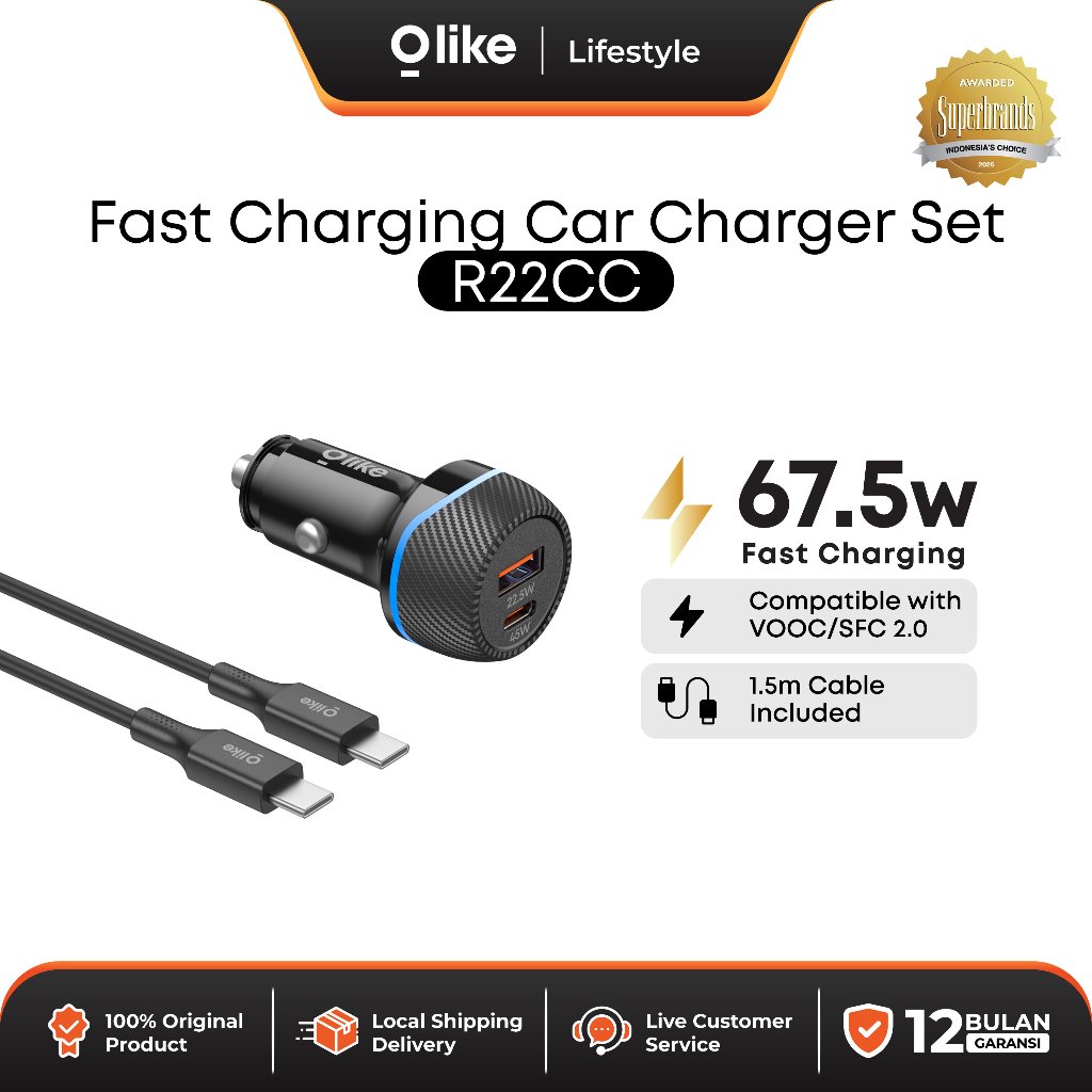 [ผลิตภัณฑ์ใหม่] Olike Car Charger Adapter R22CC 67W Dual Port Fast Charging Set ประกอบด้วยสาย C to C