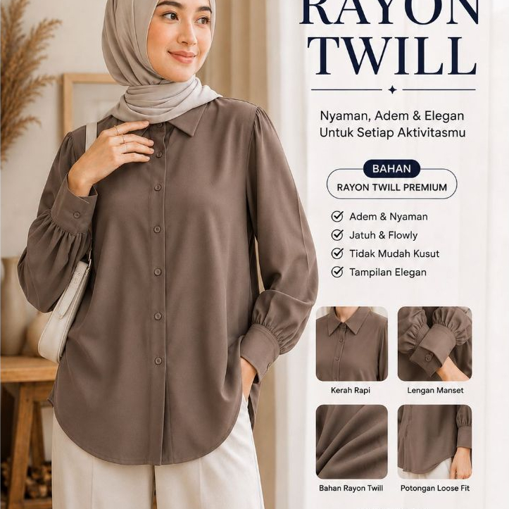 KEMEJA UNIQLO เสื้อเชิ้ตผ้าเรยอน Twill พรีเมี่ยมสําหรับผู้หญิง เสื้อเชิ้ตแขนยาวธรรมดาล่าสุด