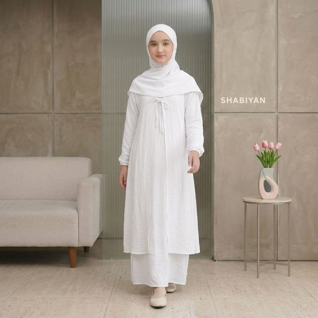 SHABIYAN-668 Gamis สีขาวสําหรับสาววัยรุ่น นักเรียนสอบบัญชีอิสลาม อายุ 9-16 ปี