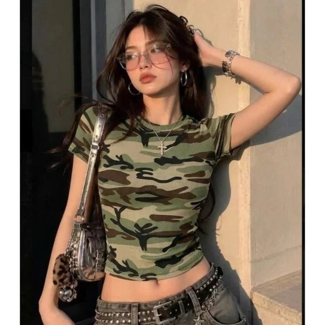 KIELO FASHION - เสื้อยืดผู้หญิง ZJD AVA KNIT FIT BODY LATEST เสื้อยืด ARMY ผู้หญิง / CAMO Top