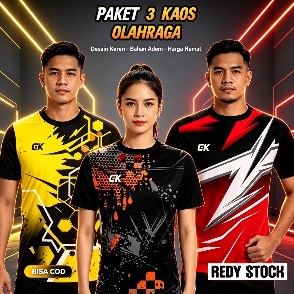 บรรจุุภัณฑ์ 3 SHORT-SLEEVED ชุดกีฬาผู้ชาย GYM FUTSAL GYM JOGGING TENNIS BADMINTON TAKRAW