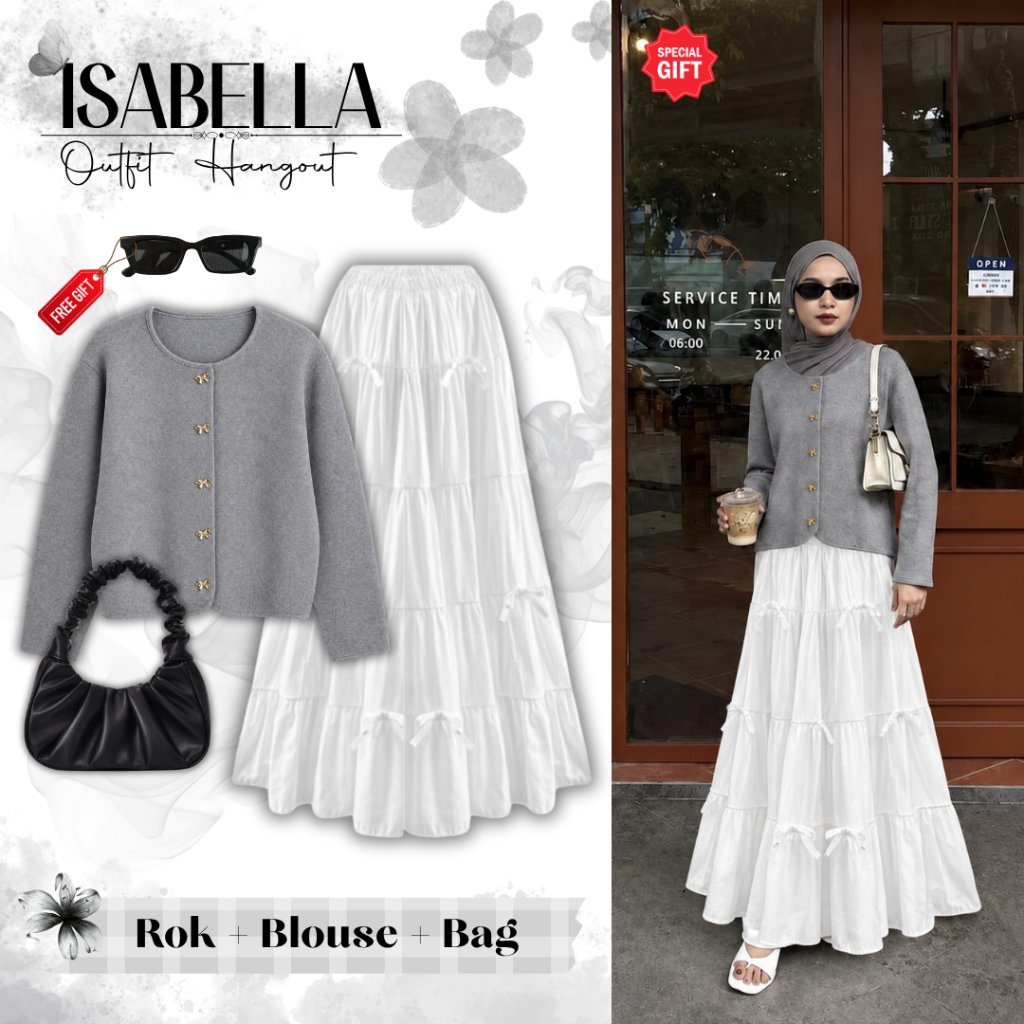 Isabella Hangout Outfit Set (Blouse + กระโปรง + กระเป๋า + ของขวัญฟรี) Monochrome Coquette Set -A17