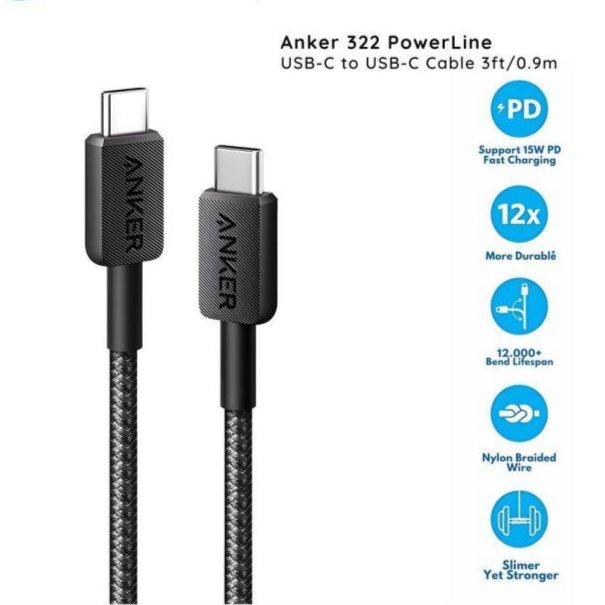 Anker 322 สายชาร์จ 60W 3A USB Type C to C สายไนลอน 3FT ANKER 322 Type C TO C DATA Cable (A81F5H11) 6