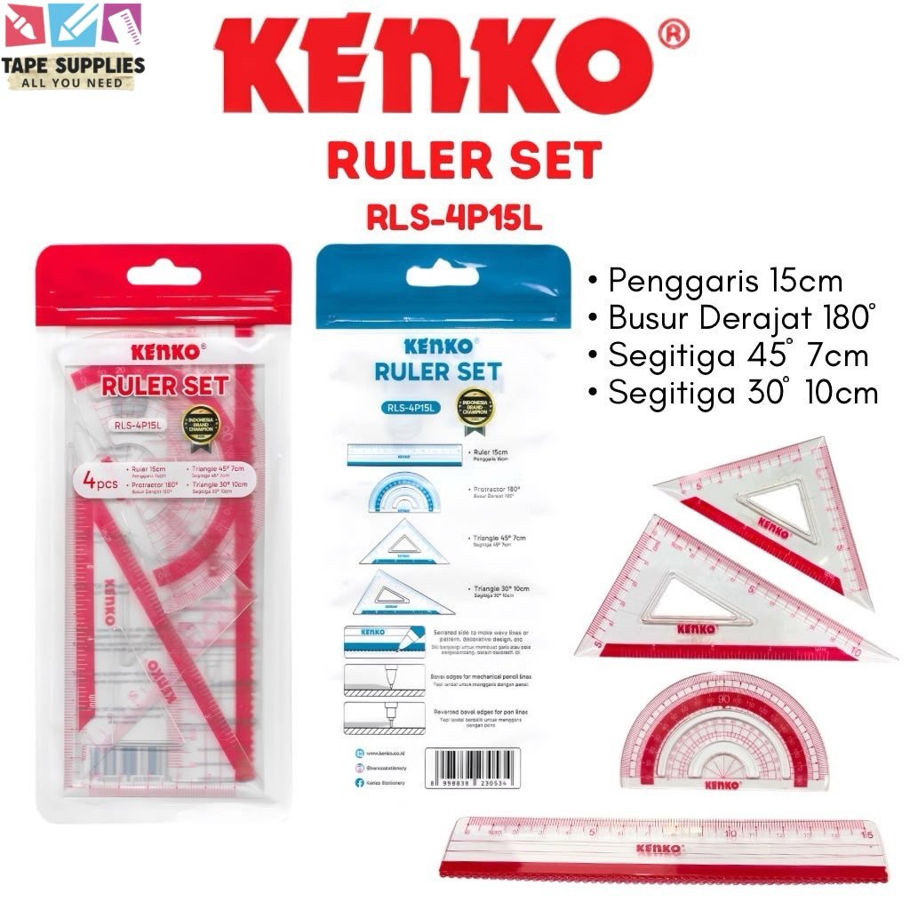 KENKO RLS-4P15L RLS-4P18L ไม้บรรทัด 1 ชุด 4 ชิ้น 15 CM 18 CM - RLS-4P15L